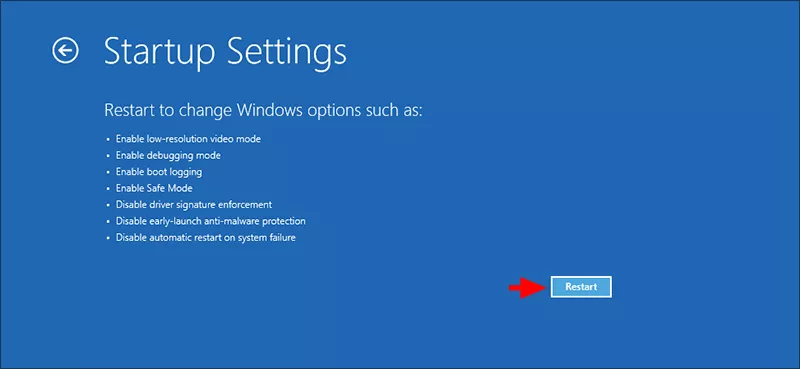 click Restart in Startup settings