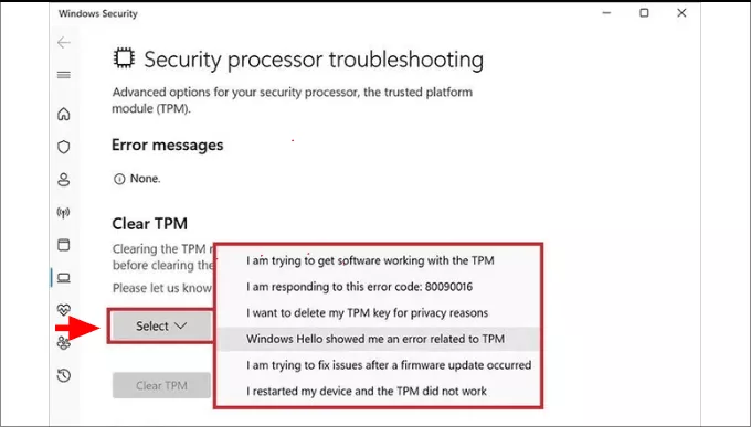 select troubleshooting reason