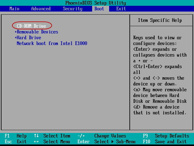 CD/DVD-ROM からコンピュータの起動を設定