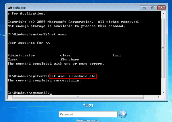 reset windows 7 password with command prompt on locked computer