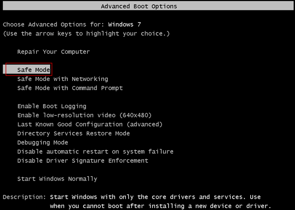 start windows 7 in safe mode via F8 key