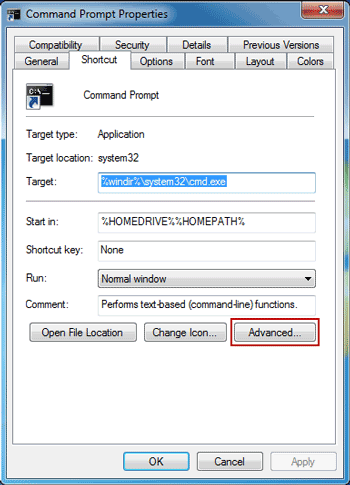 change advanced settings for command prompt shortcut