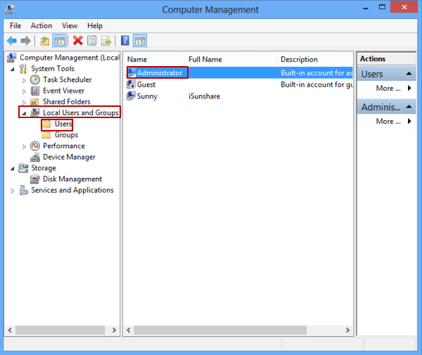 locate administrator account in computer management