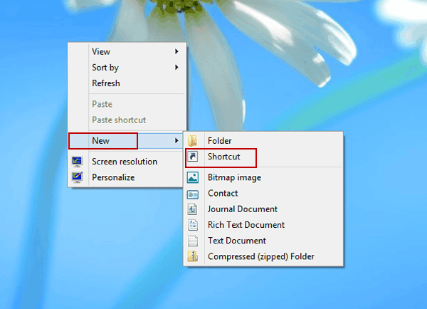 choose new and select shortcut