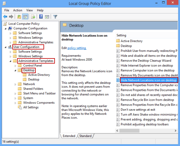 open hide network locations icon on desktop setting