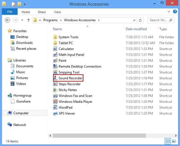 find sound recorder shortcut in computer folder