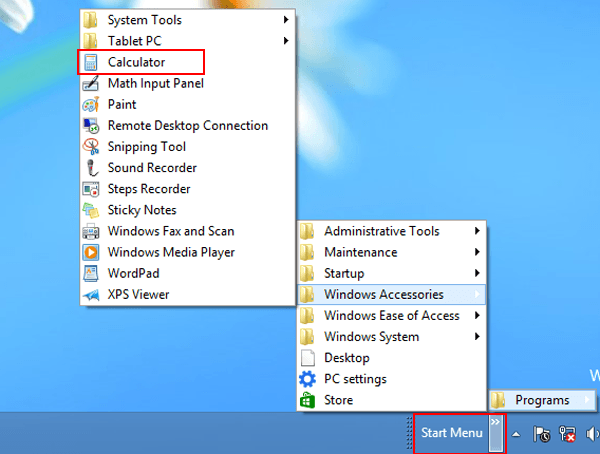 access calculator from taskbar start menu