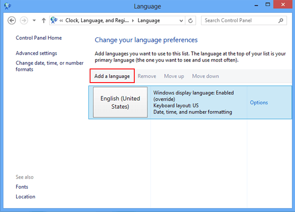 click add a language in language window