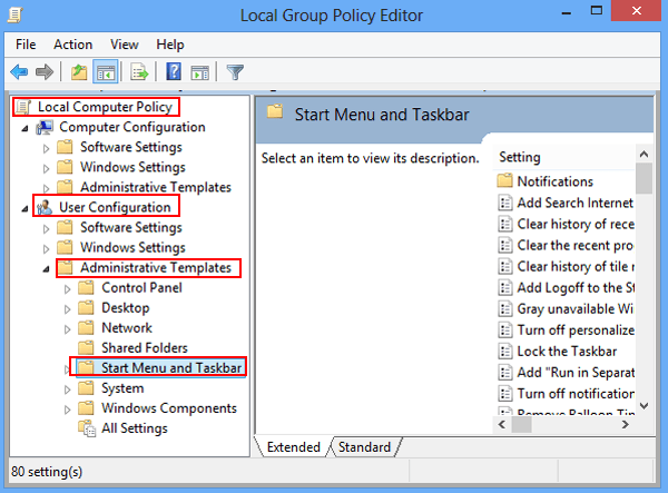 locate start menu and taskbar group policy editor