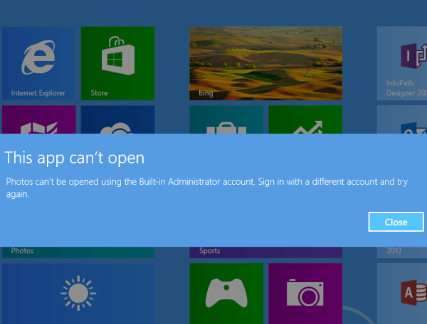administrator account disallowed to open metro apps