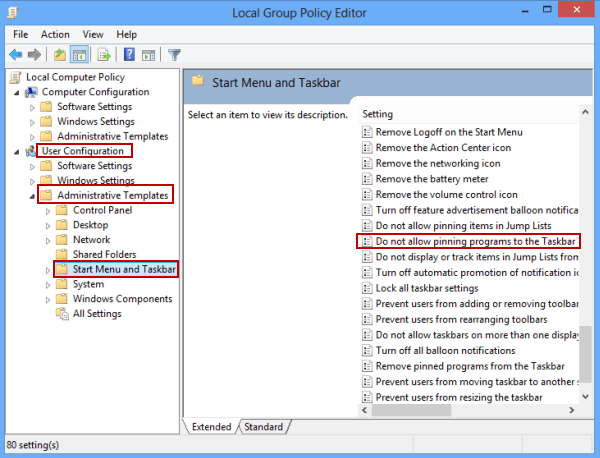 find setting of do not allow pinning programs to the taskbar