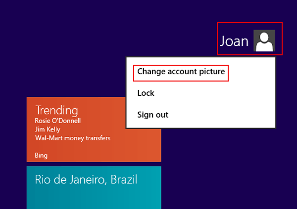click user icon and choose change account picture