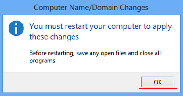 click ok to apply computer name change