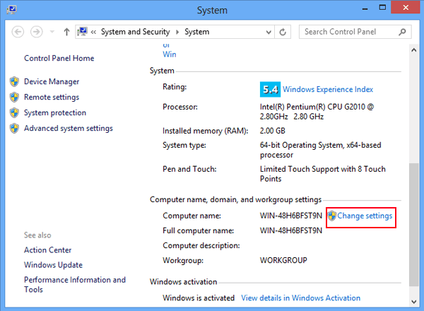 how to change name of computer windows 8