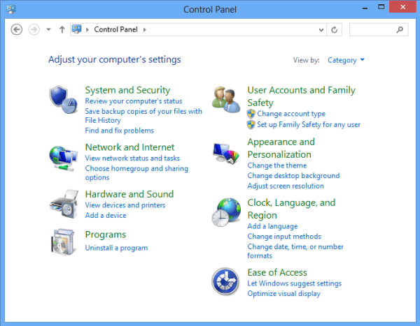 view control panel items by category