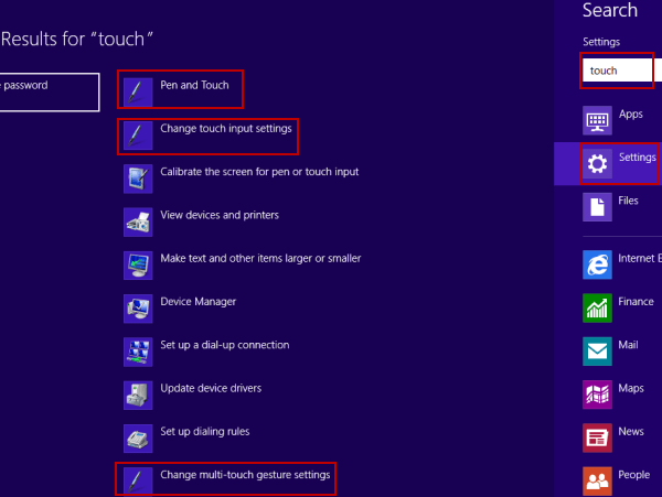 access pen and touch settings via search