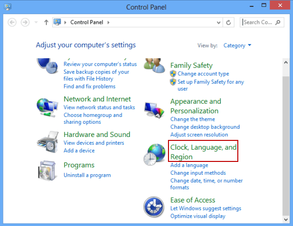 click clock language and region