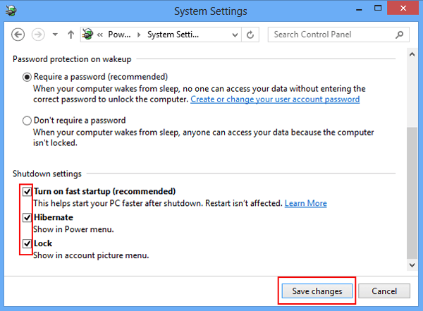 select the options in shutdown settings