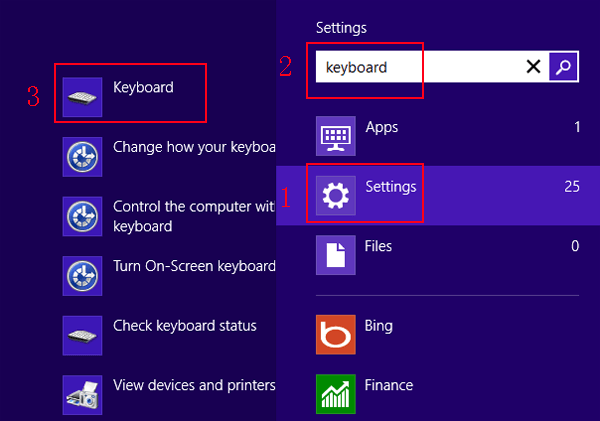 open keyboard properties by searching