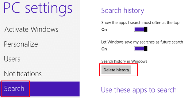 how to delete windows search history