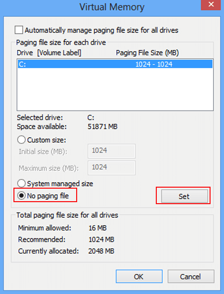 choose no paging file