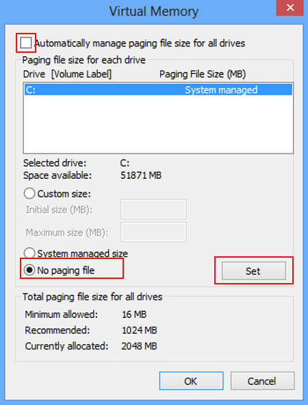 select no paging file