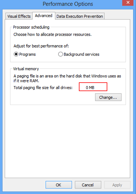 virtual memory paging file size set as 0 mb