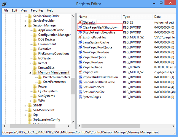 find clearpagefileatshutdown