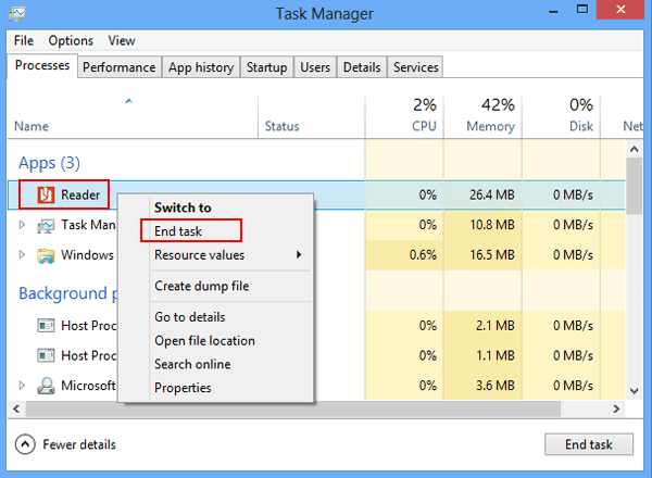 right click reader and select end task