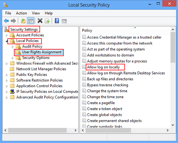 find and open allow log on locally