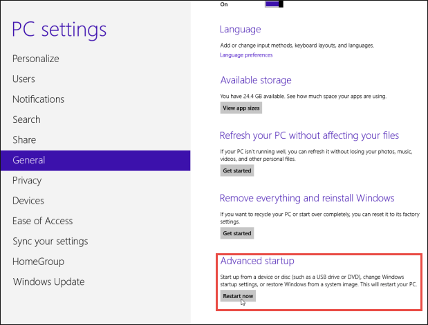 change pc settings in windows8