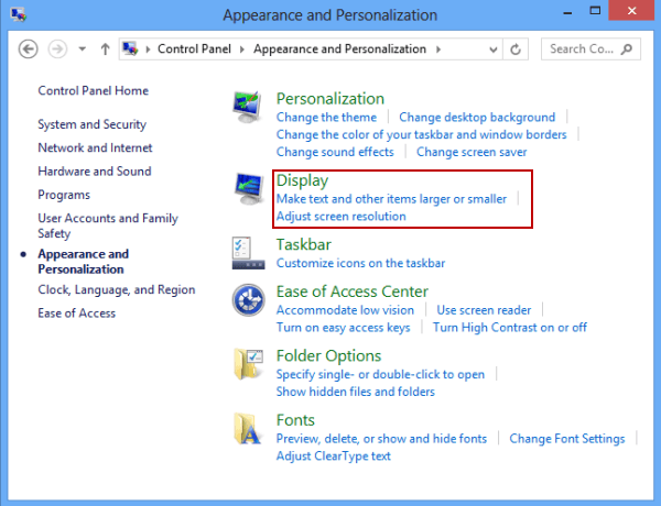 display control panel settings