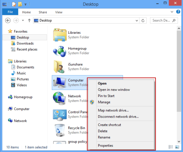 context menu