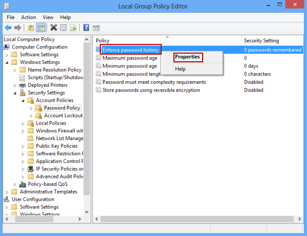 open properties of enforce password history policy