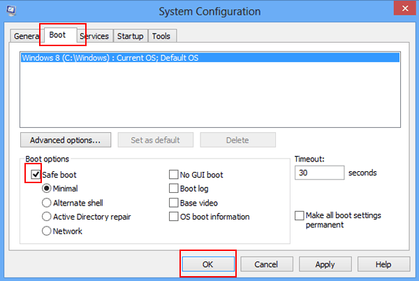 select boot and safe boot and tap ok