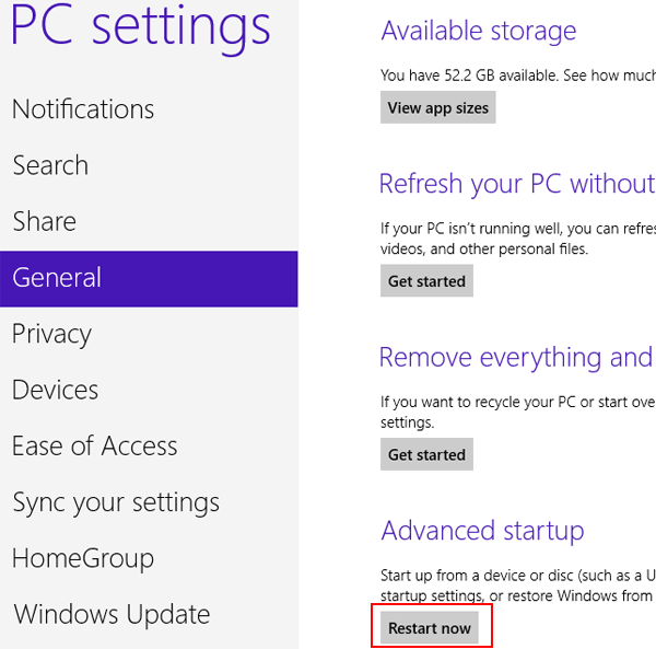 select general and click restart now