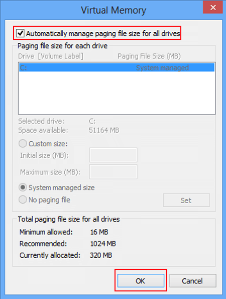 select automatically manage paging file size for all drives and tap ok