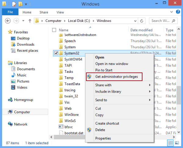 get administrator privileges option on context menu