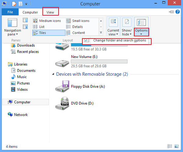 select change folder and search options in computer