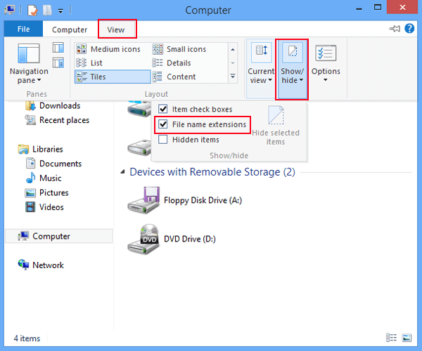 select file name extensions in view