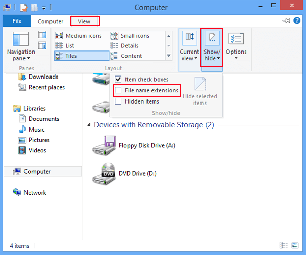 How to turn on hidden filename extensions in Windows