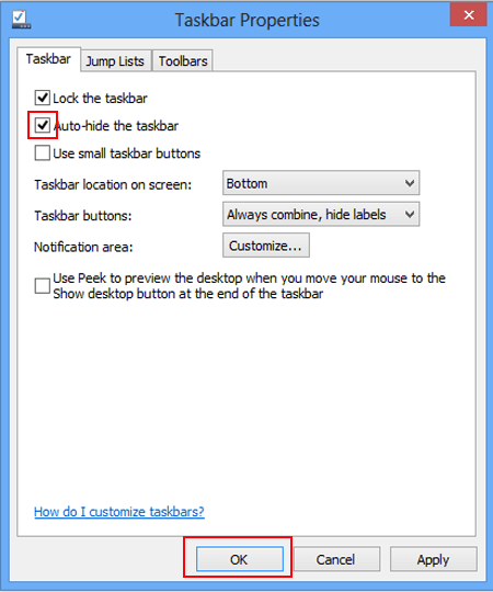 check the box before auto hide the taskbar