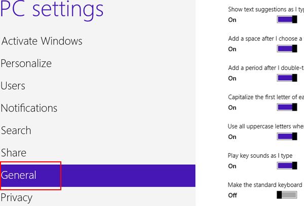 choose General in PC settings