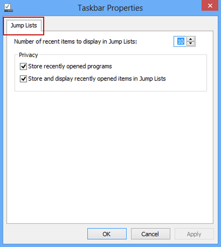 only jump lists option shown in taskbar properties