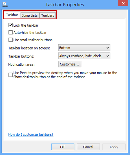 taskbar toolbars and jump list shown in taskbar prperties