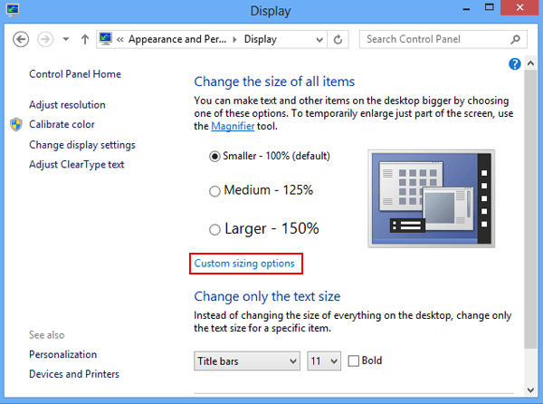 select custom sizing options