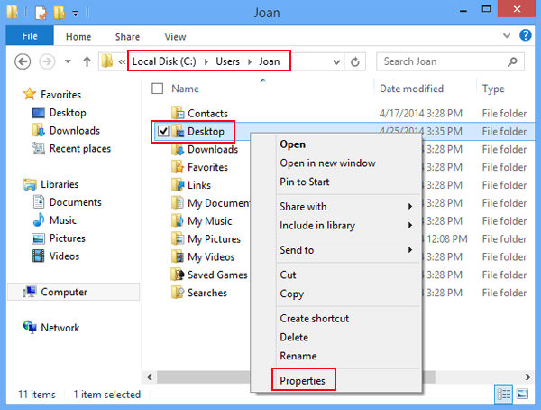 find desktop folder and open its properties