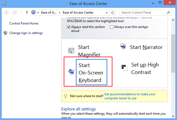 choose start on screen keyboard