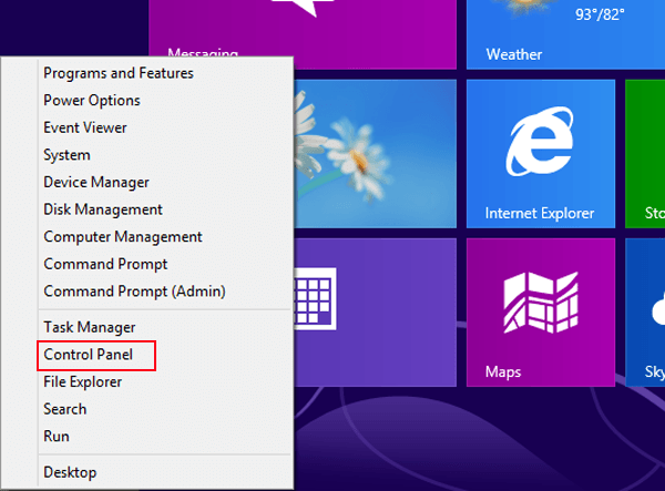 click Control Panel on quick access menu