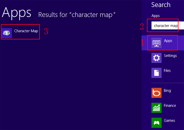 open character map through search panel
